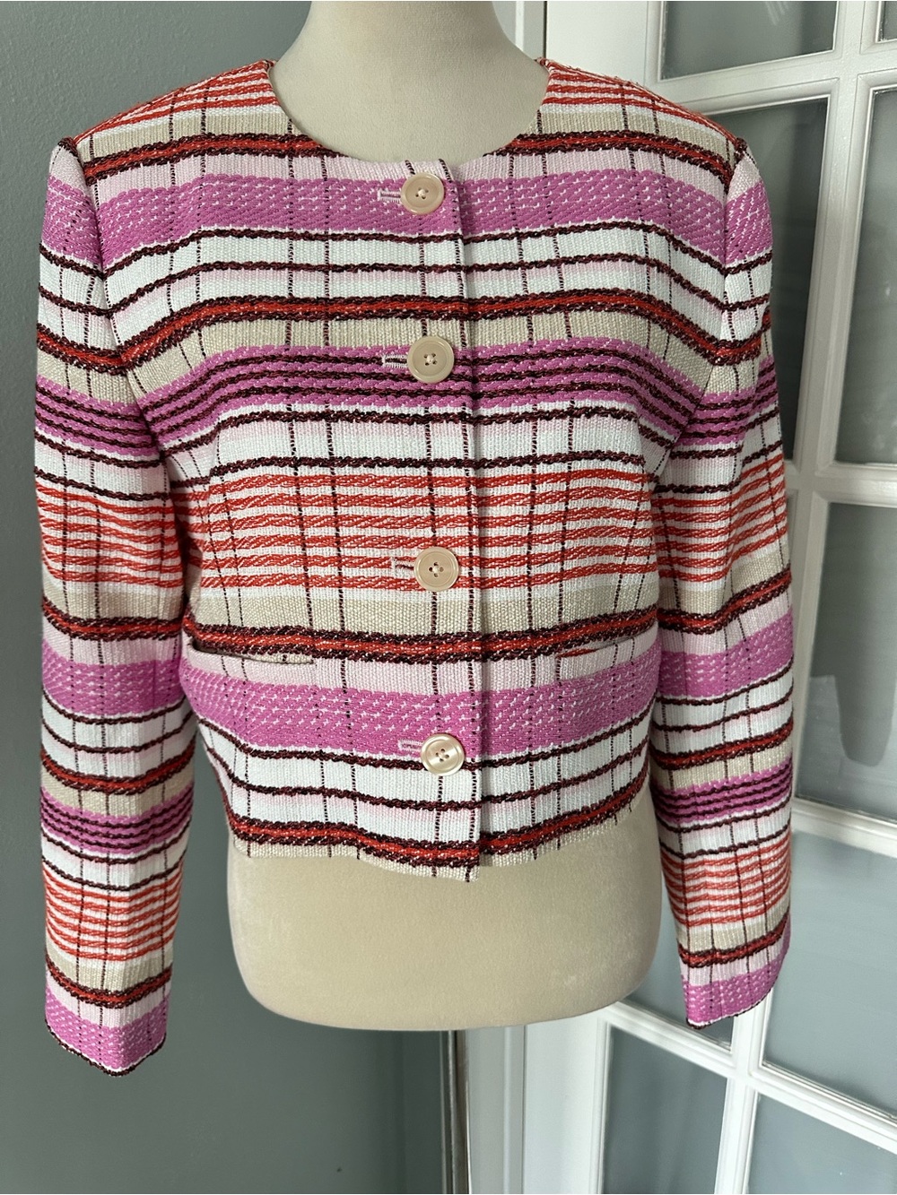 Ann Taylor Pink, White & Red Striped Cropped Blazer